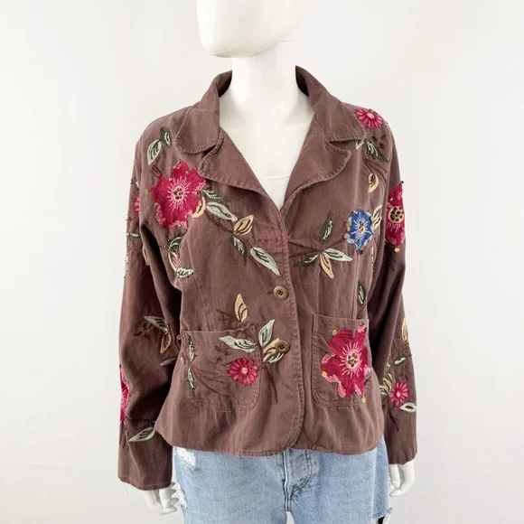 Passports Brown Beaded Jacket Size XL Floral Embroidery V-Neck Boho Artsy Casual - Picture 7 of 12